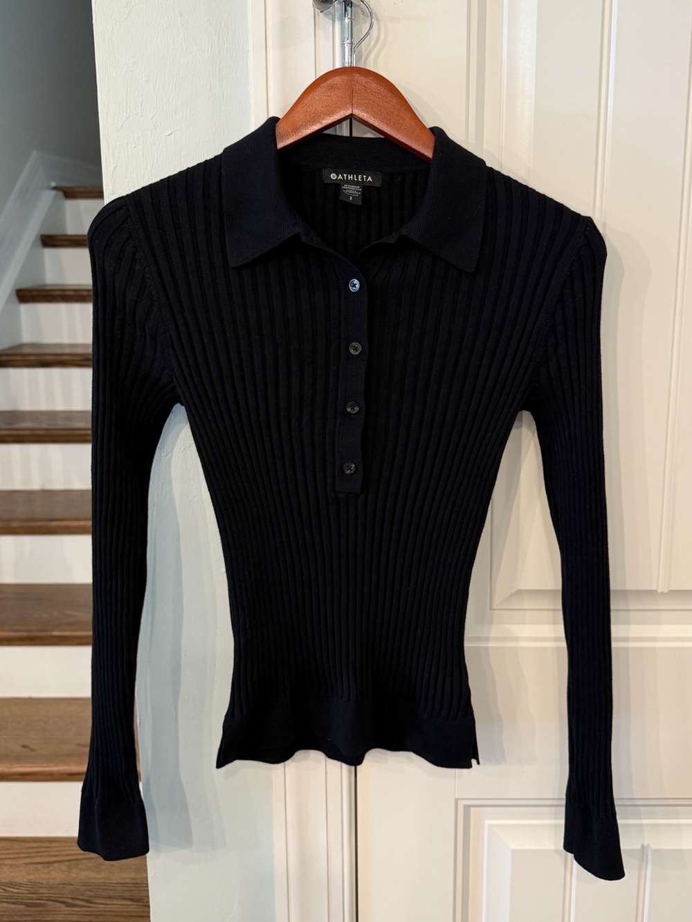 Athleta Sweet Bay Henley Sweater Small Black Ribbed Collared Long Sleeve